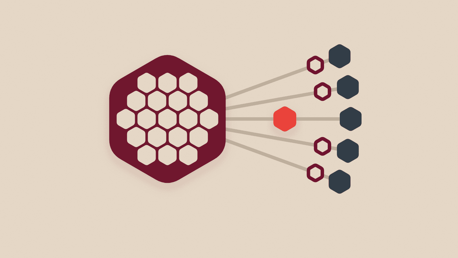 Ilustração abstrata em fundo areia: um hexágono vinho grande, cheio de pequenos hexágonos cor de areia, liga-se por linhas a cinco hexágonos cinza-escuros em arco à direita; cada um guarda só um hexágono pequeno, e um hexágono vermelho em destaque segue pela linha do meio
